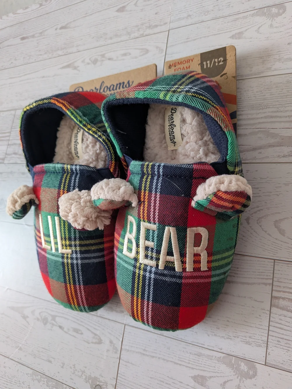 Dearfoams Kids 'Lil Bear' Plaid Memory Foam Slippers - Red/Green